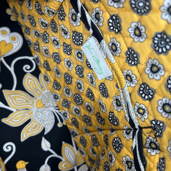 Vera Bradley Tote Shoulder Bag Medium Size Black Yellow Floral Print Pockets - Picture 3 of 8